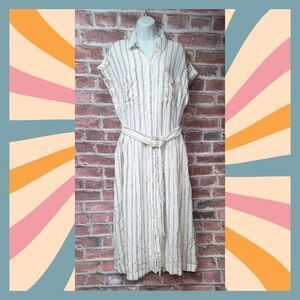 🤍 Universal Thread L White Striped Linen Shirtdress – Belted Midi Button-Down